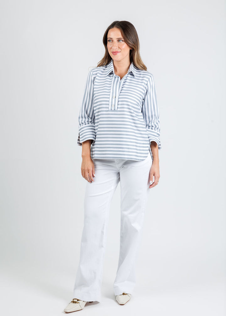 Hinson Wu Aileen 3/4 Sleeve Stripe Gingham Combo Shirt in French Grey/White paired with MAC Dream Wide Wonderlight Jeans 32" in White Denim available at Barbara Katz