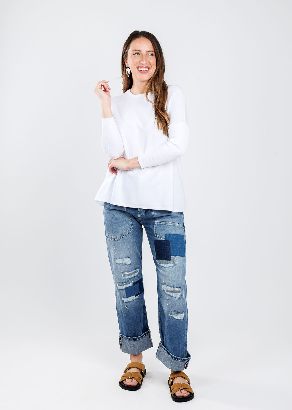 BK Boxy Crew Sweater in White paired with MAC Denim Baggy Straight Jeans available at Barbara Katz