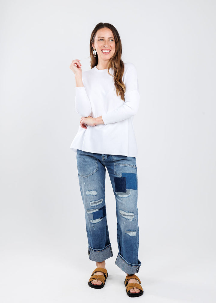 BK Boxy Crew Sweater in White paired with MAC Denim Baggy Straight Jeans available at Barbara Katz