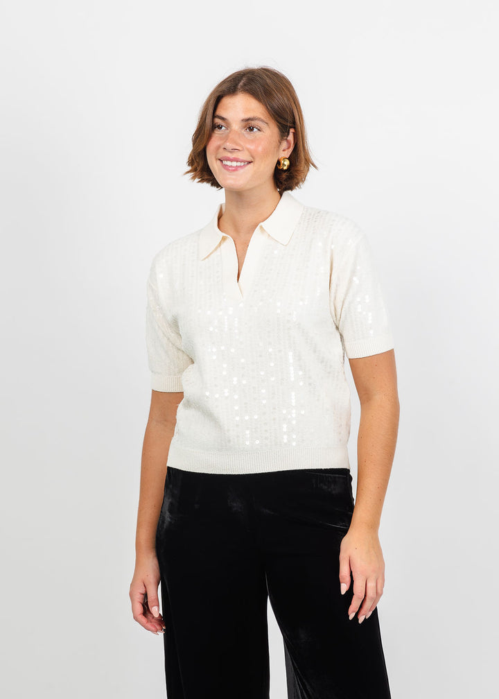 Marella Avocado Sequin Polo in Cream  available at Barbara Katz