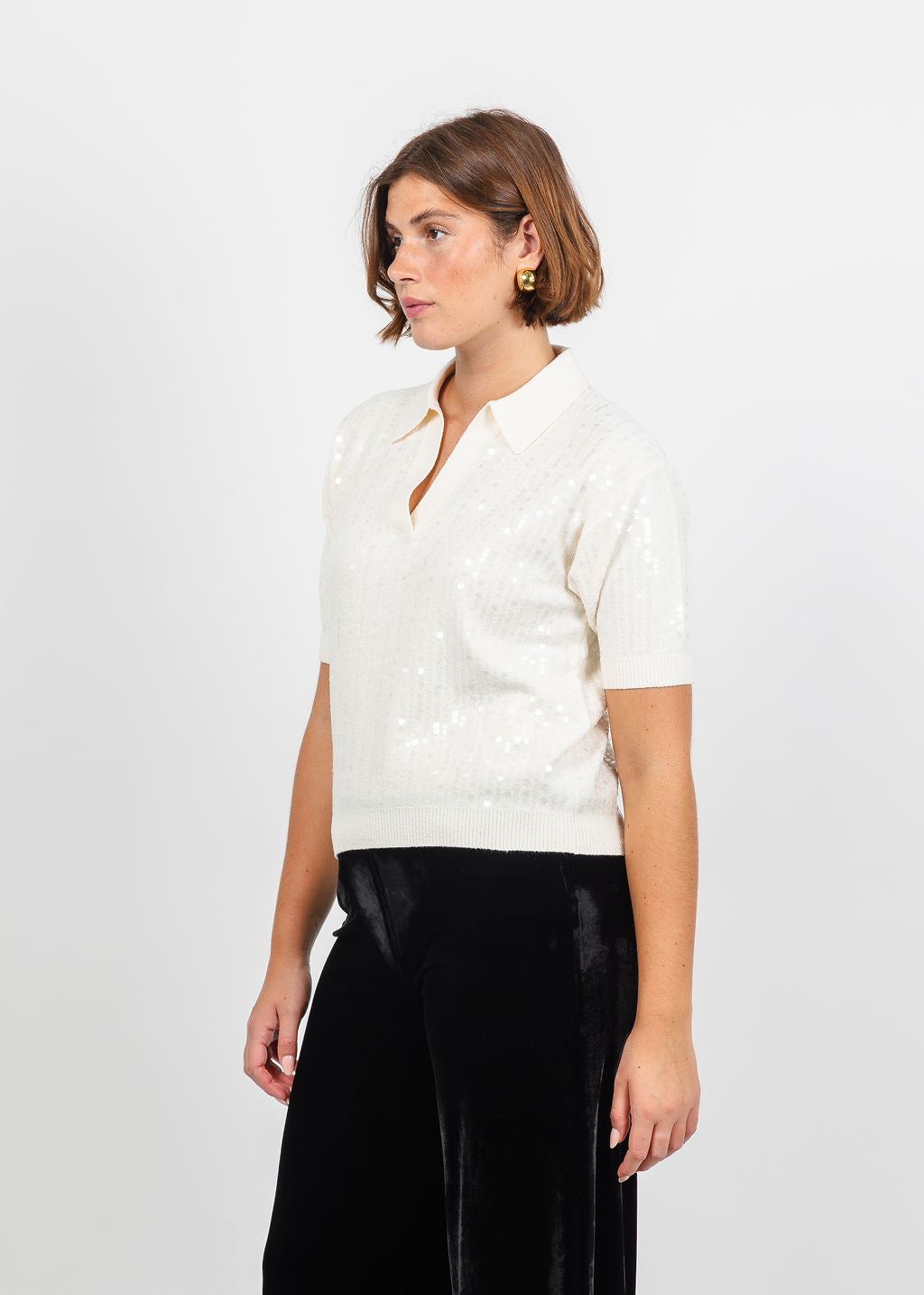 Marella Avocado Sequin Polo in Cream  available at Barbara Katz