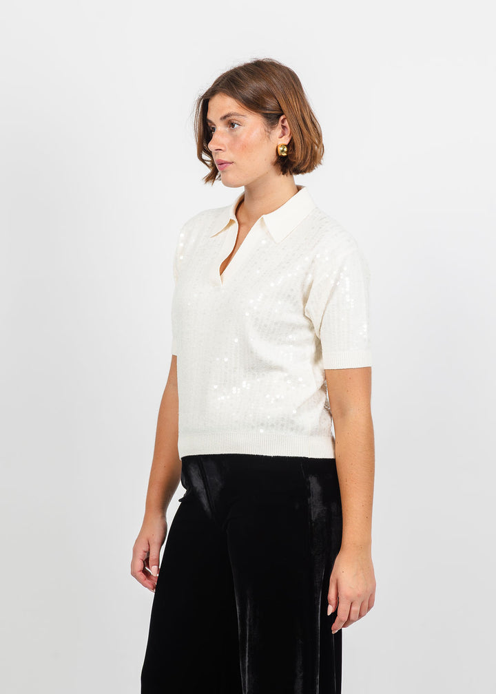 Marella Avocado Sequin Polo in Cream  available at Barbara Katz