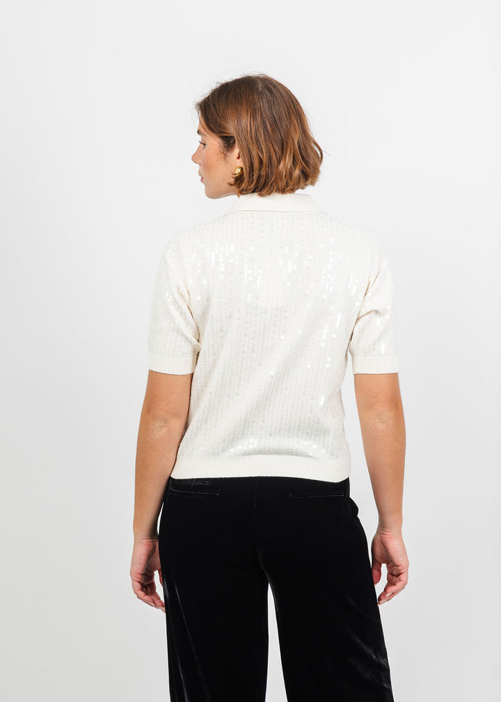 Marella Avocado Sequin Polo in Cream  available at Barbara Katz