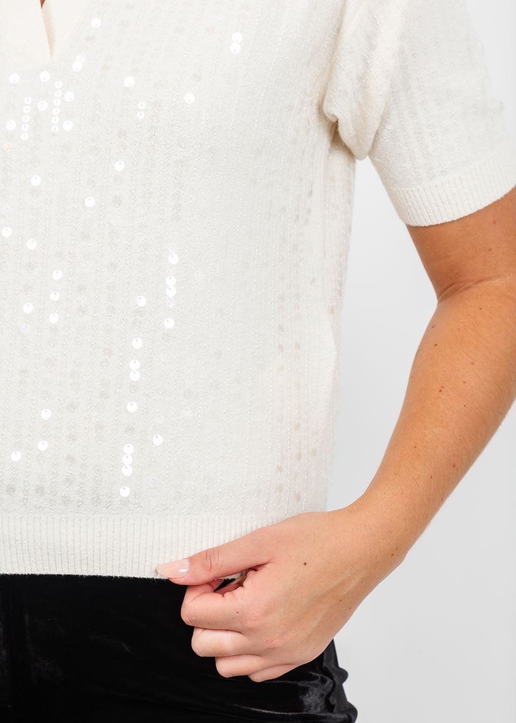 Marella Avocado Sequin Polo in Cream  available at Barbara Katz