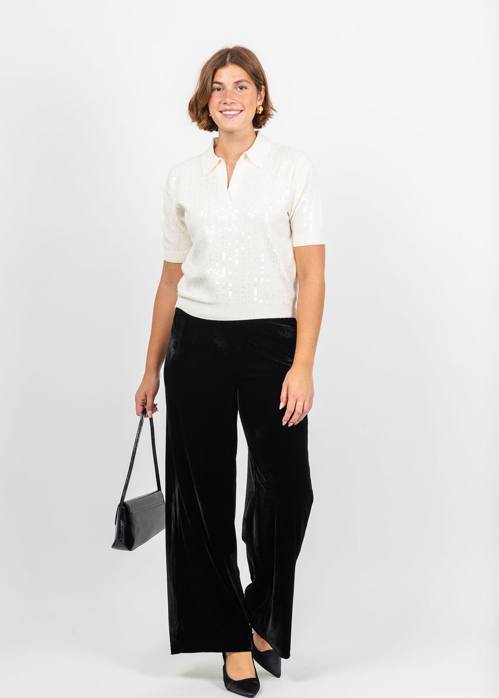 Marella Avocado Sequin Polo in Cream  available at Barbara Katz