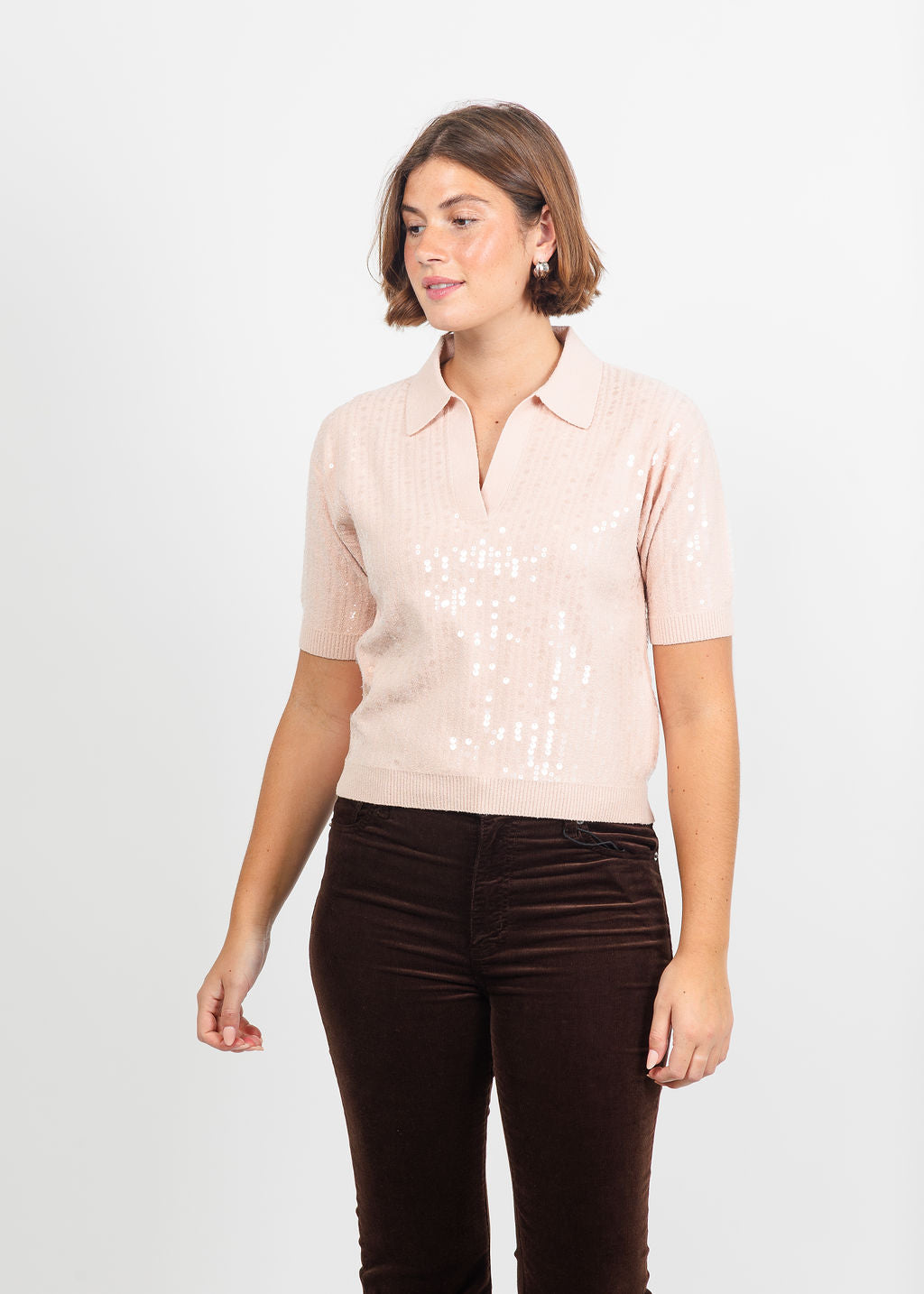 Marella Avocado Sequin Polo in Powder  available at Barbara Katz