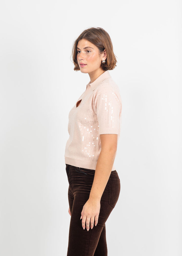 Marella Avocado Sequin Polo in Powder  available at Barbara Katz