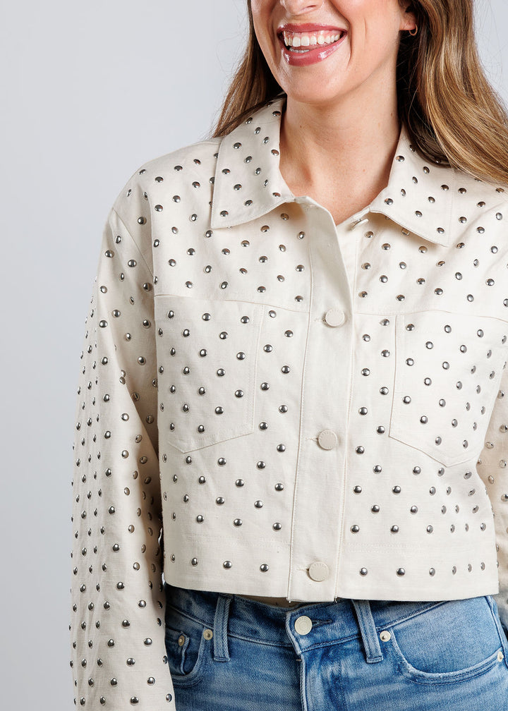 Marella Benito Studded Cropped Jacket in Optical White available at Babrara Katz
