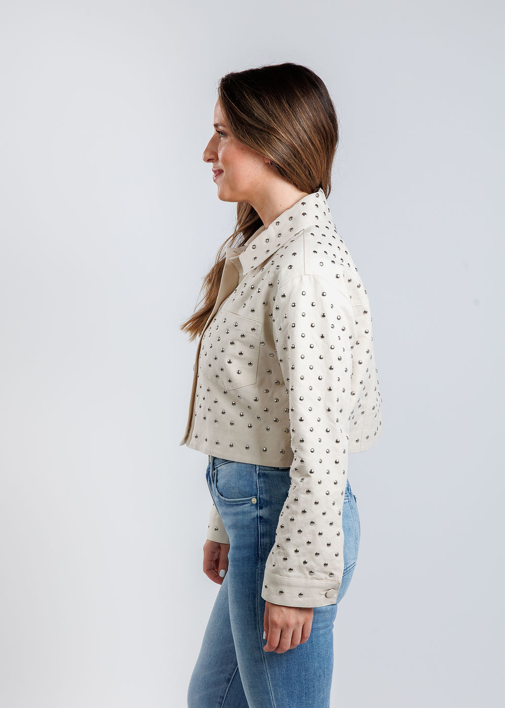 Marella Benito Studded Cropped Jacket in Optical White available at Babrara Katz