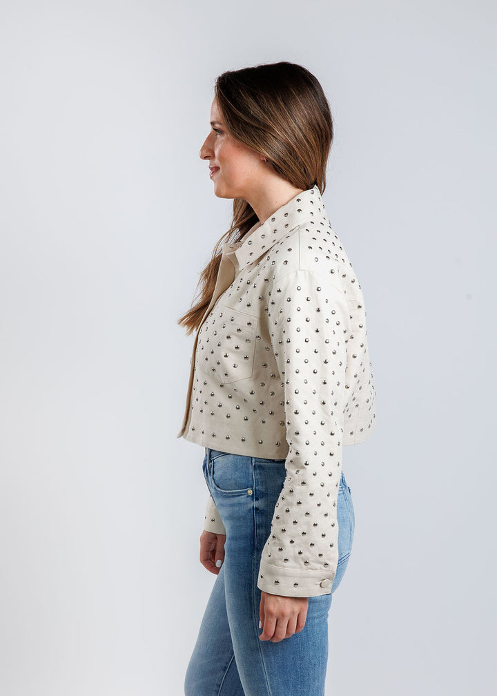 Marella Benito Studded Cropped Jacket in Optical White available at Babrara Katz