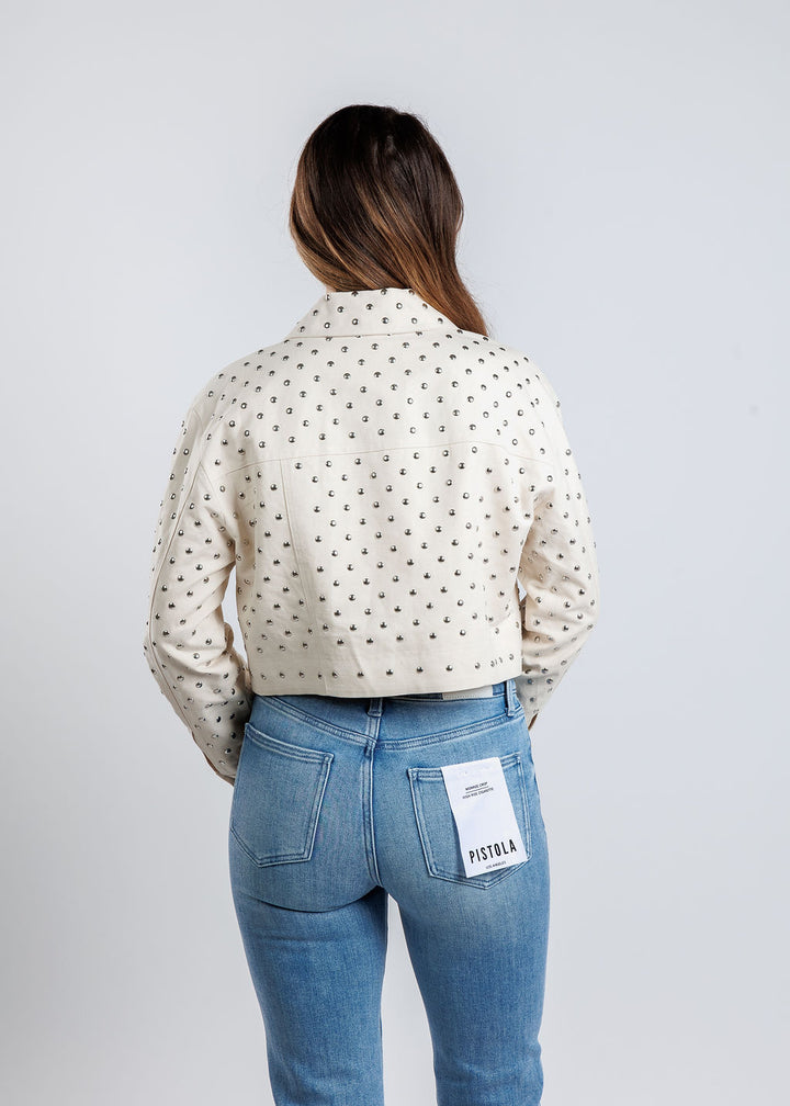 Marella Benito Studded Cropped Jacket in Optical White available at Babrara Katz