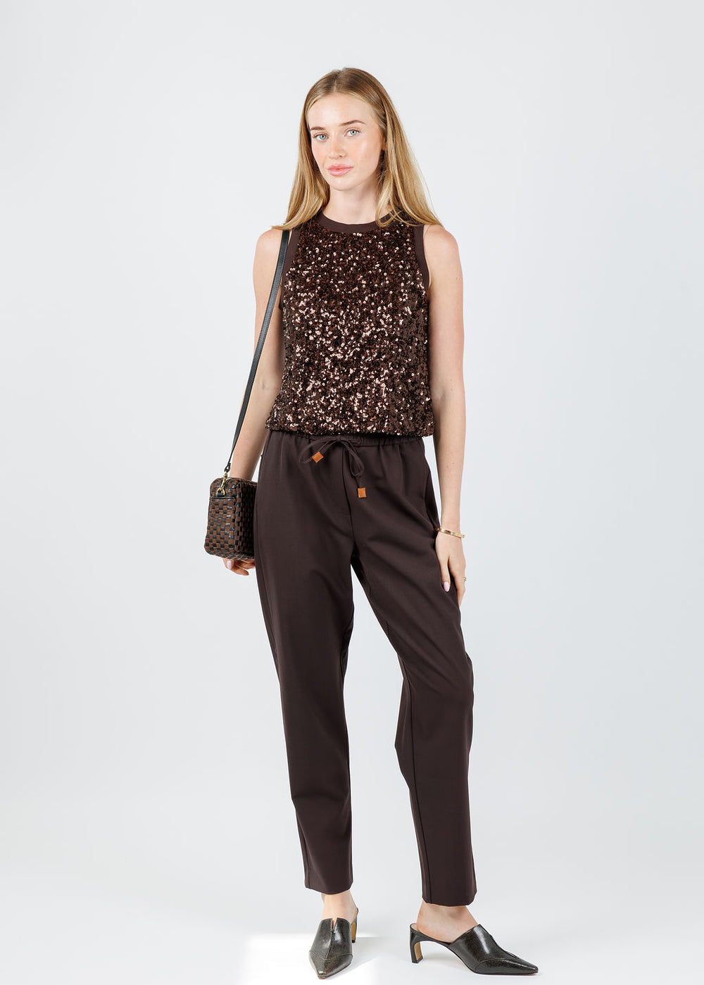 Marella Filly Sequin Tank in Brown paired with Marella Bruno Pants in Brown available at Barbara Katz