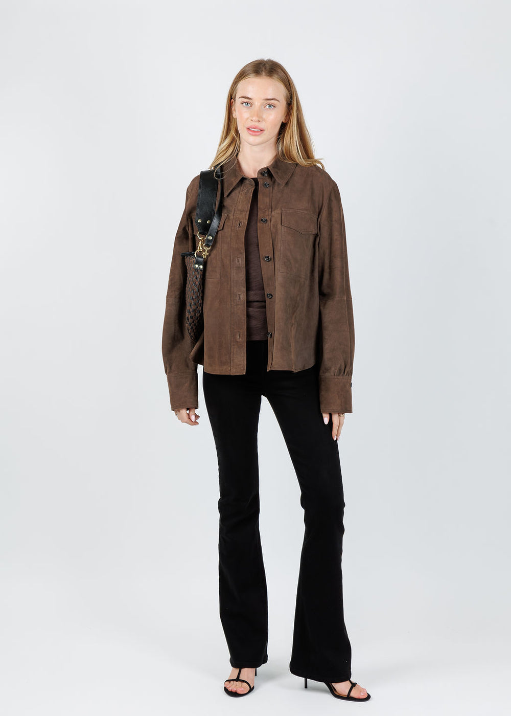 Marella Gioco Suede Jacket in Brown paired with Citizens of Humanity Lilah High Rise Bootcut 32.5" in Black available at Barbara Katz