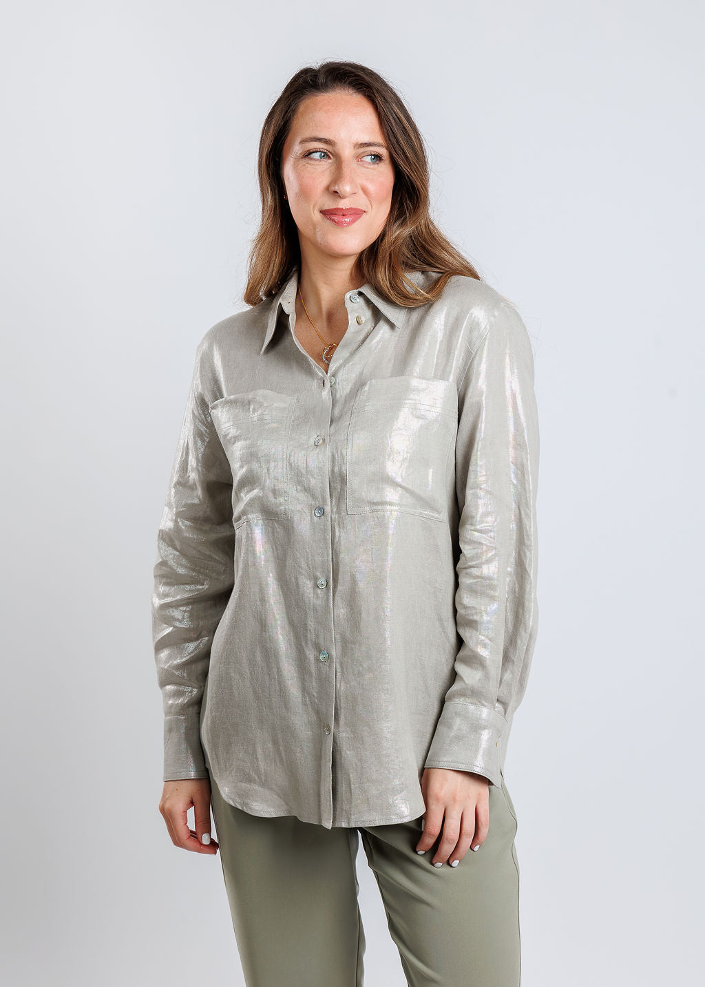 Marella Larix Laminated Linen Shirt in Light Grey available at Barbara Katz