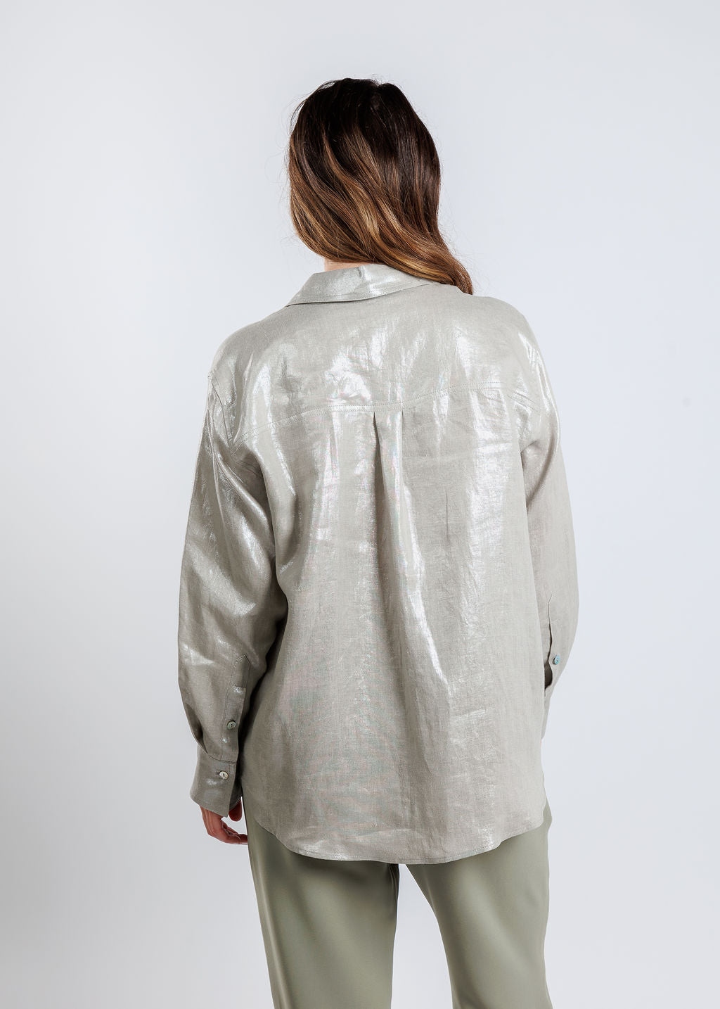 Marella Larix Laminated Linen Shirt in Light Grey available at Barbara Katz