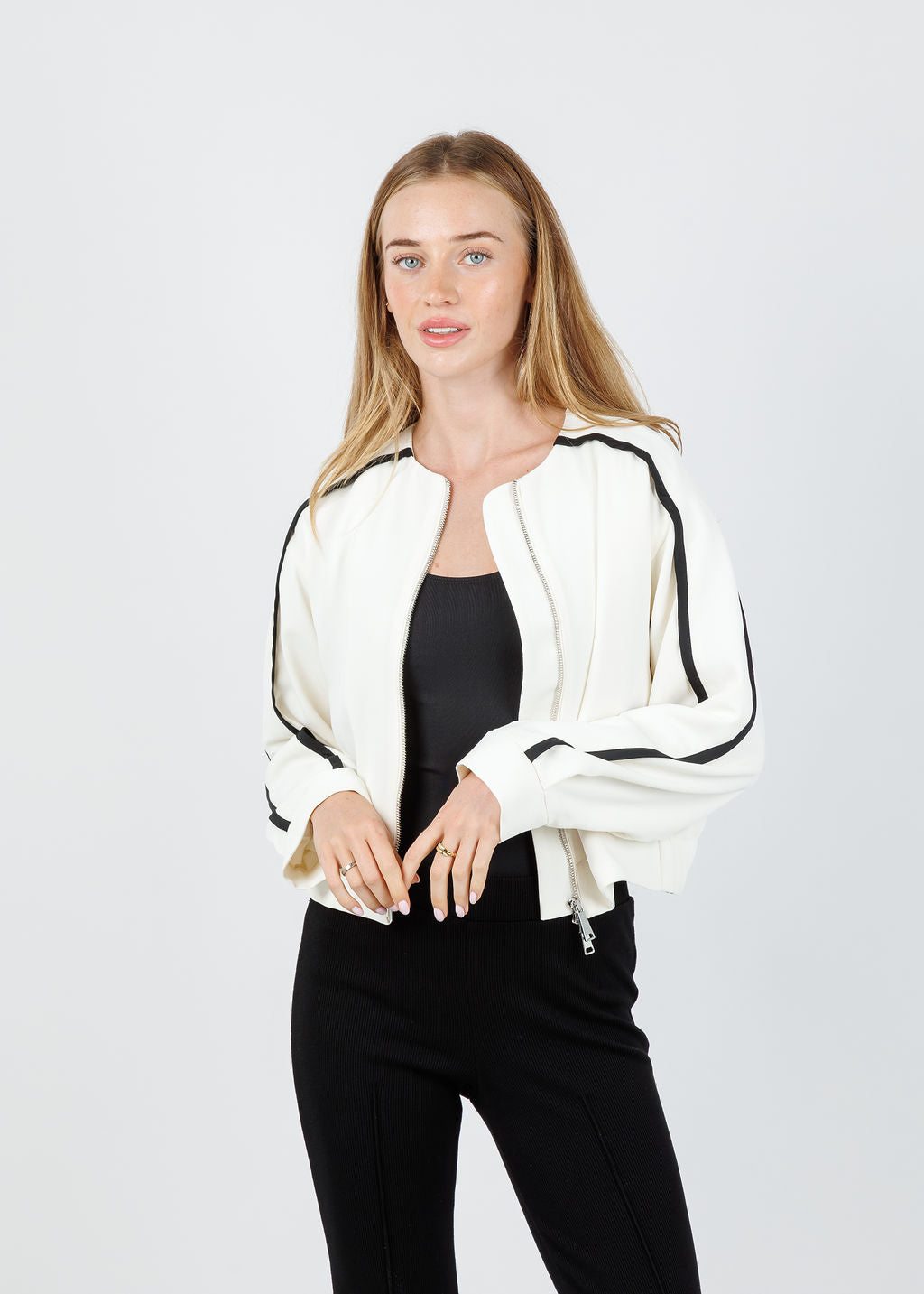 Marella Libage Satin Bomber Jacket in Wool White available at Barbara Katz