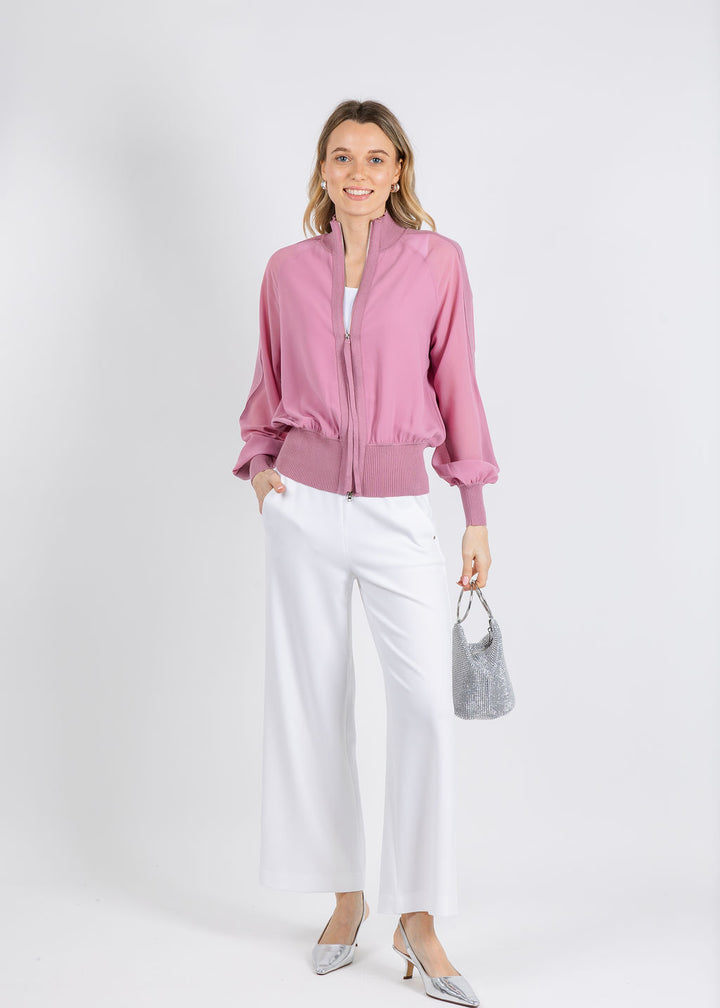 Marella Mllgufo Sporty Georgette Blouson Jacket in Hydrangea paired with Raffaello Rossi Palina Crepe 6/8 Culotte Pants in Off White available at Barbara Katz