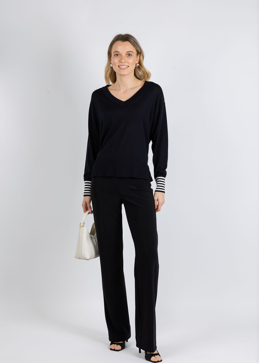 Marella Mlspolo V-neck Sweater in Black/Cream available at Barbara Katz