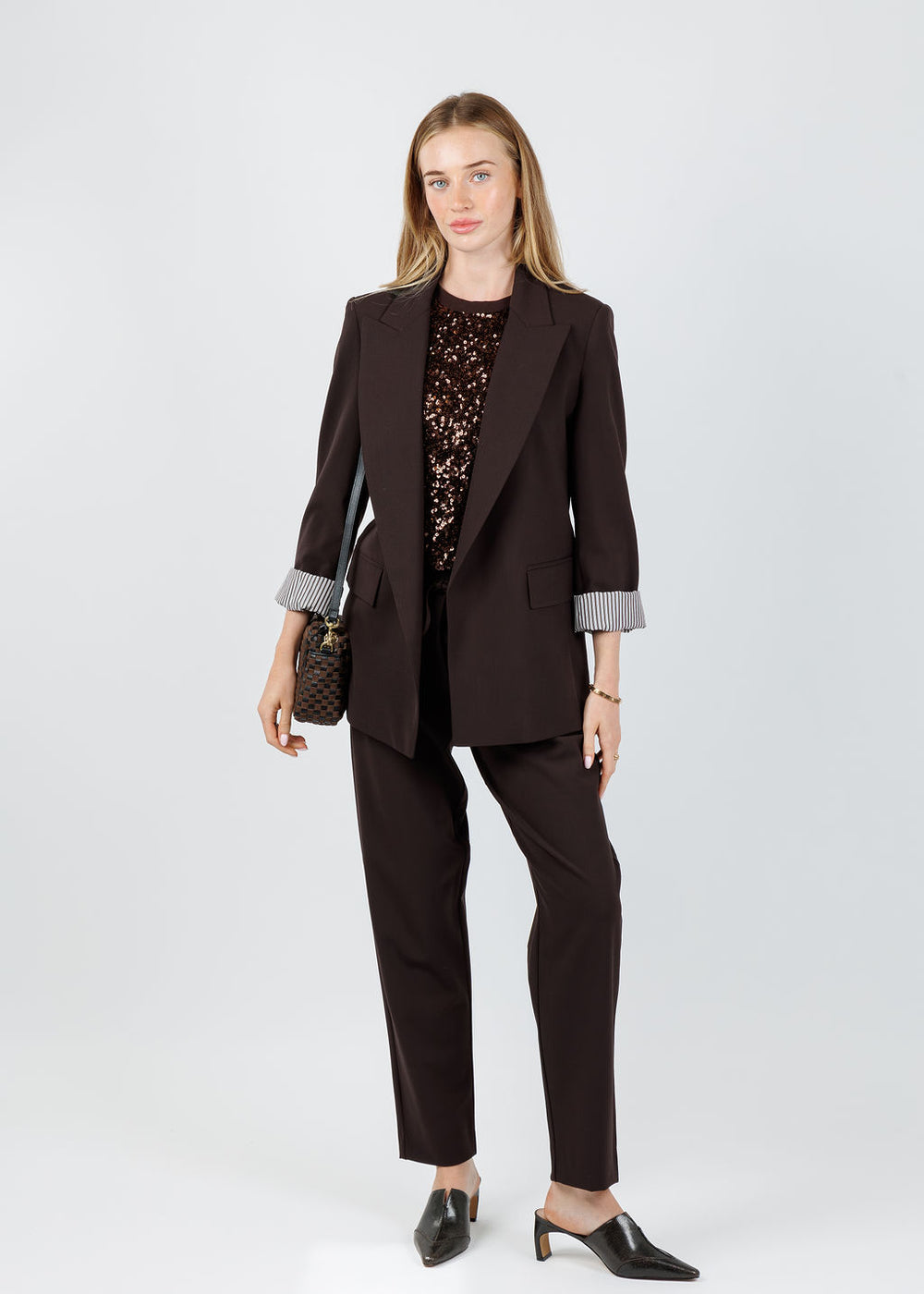 Marella Nova Stretch Blazer in Brown paired with Marella Bruno Pants in Brown available at Barbara Katz
