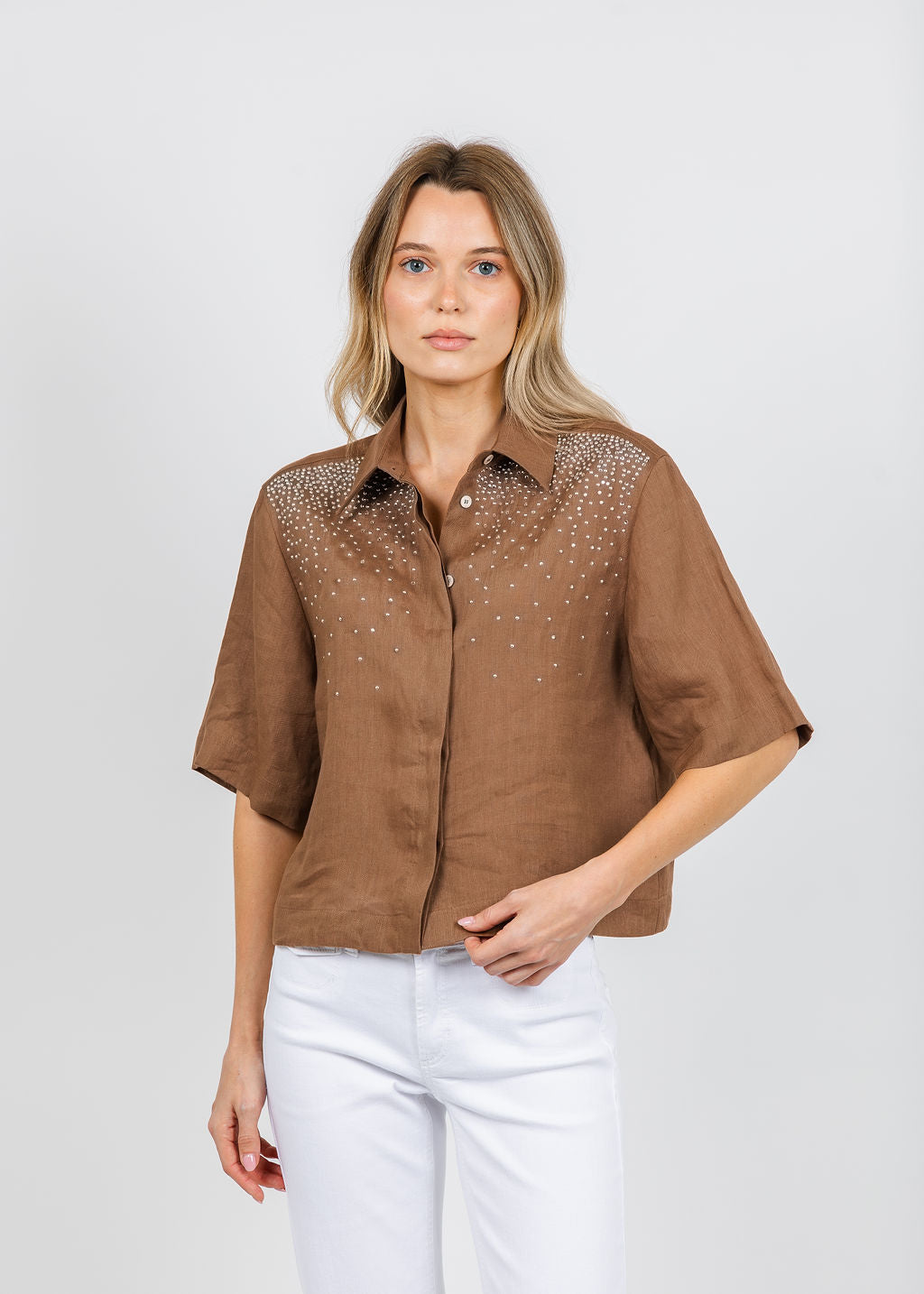 Marella Origine Shirt in Tobacco Brown available at Barbara Katz