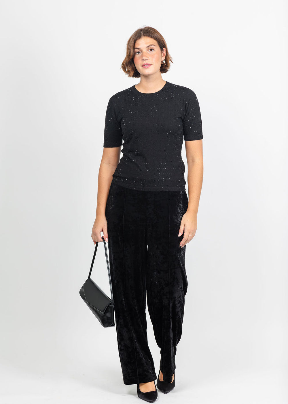 Marella Pacche Sequin Tee in Black paired with Lysse Shay Crushed St Velvet Suit Pant in Black available at Barbara Katz