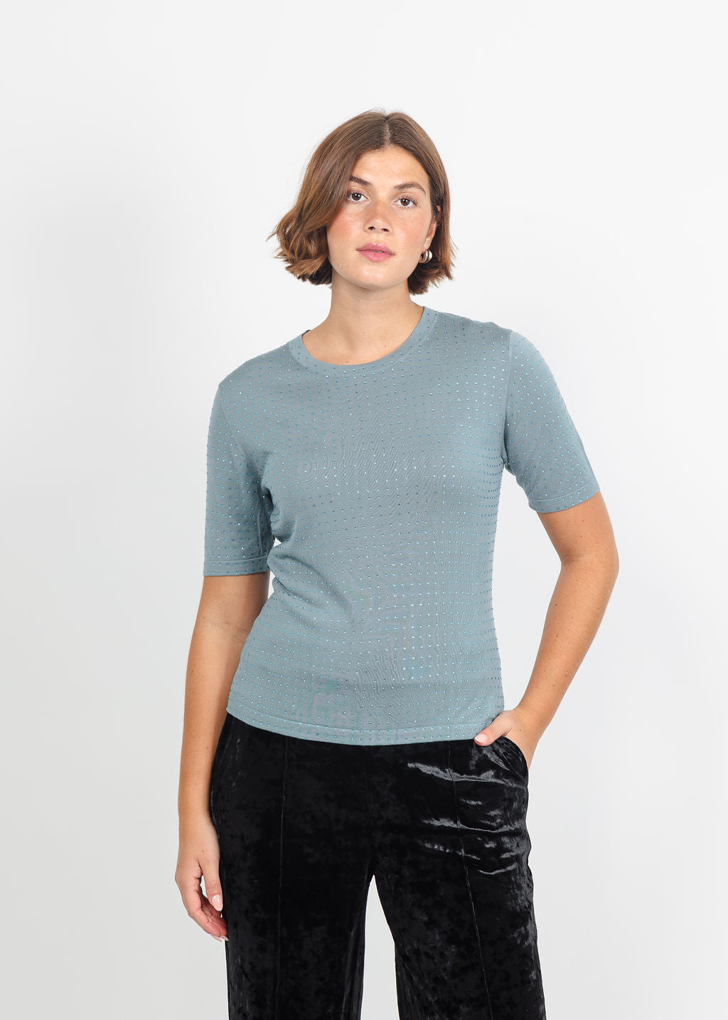 Marella Pacche Sequin Tee in Light Blue available at Barbara Katz