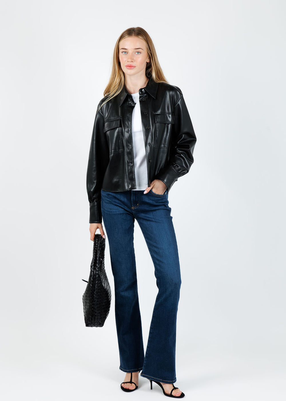 Marella Profilo Vegan Leather Jacket in Black paired with Citizens of Humanity Lilah High Rise Bootcut 32.5" in Dakota available at Barbara Katz