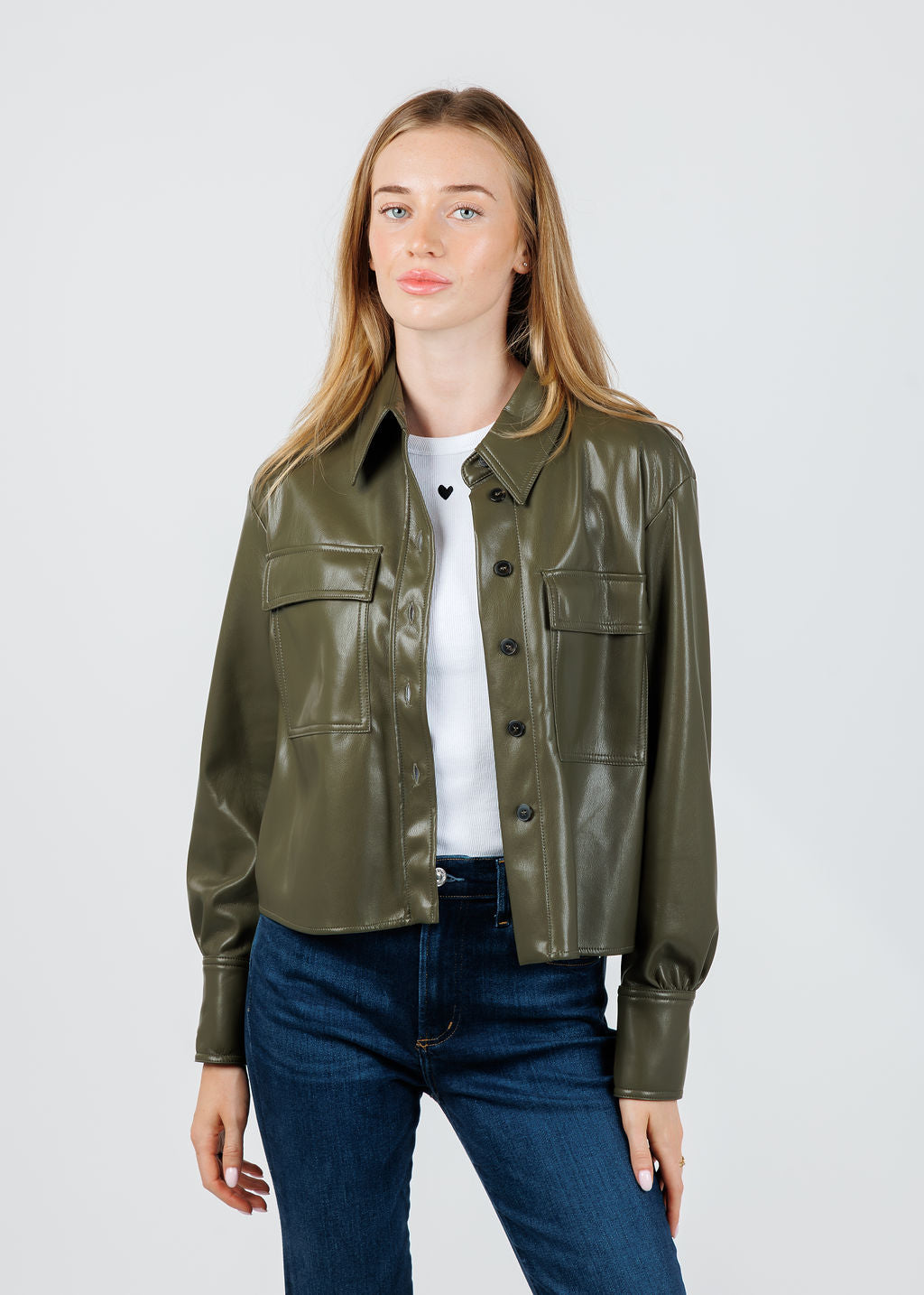 Marella Profilo Vegan Leather Jacket in Olive available at Barbara Katz