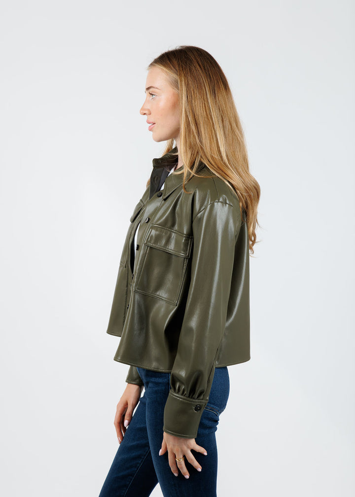 Marella Profilo Vegan Leather Jacket in Olive available at Barbara Katz