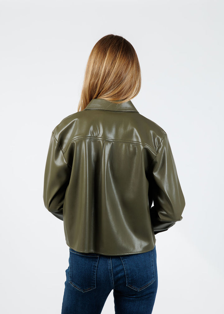 Marella Profilo Vegan Leather Jacket in Olive available at Barbara Katz