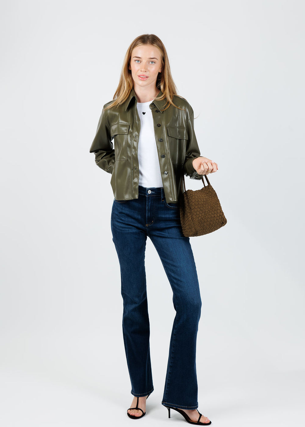 Marella Profilo Vegan Leather Jacket in Olive paired with Citizens of Humanity Lilah High Rise Bootcut 32.5" in Dakota available at Barbara Katz