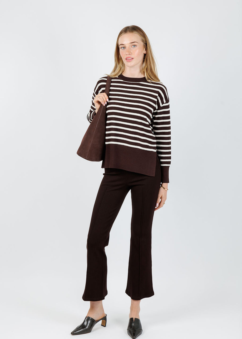 Marella Texas Stripe Sweater in Brown paired with Donnie The Rib Flare Pants in Espresso available at Barbara Katz