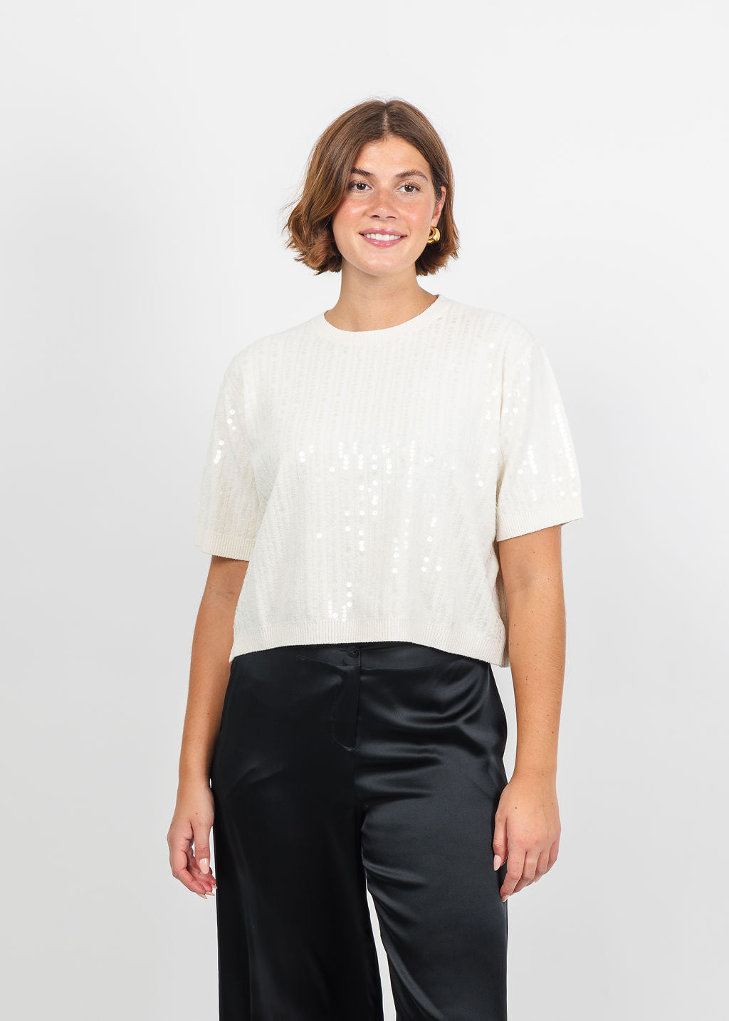 Marella Volto Sequin Boxy Tee in Cream available at Barbara Katz