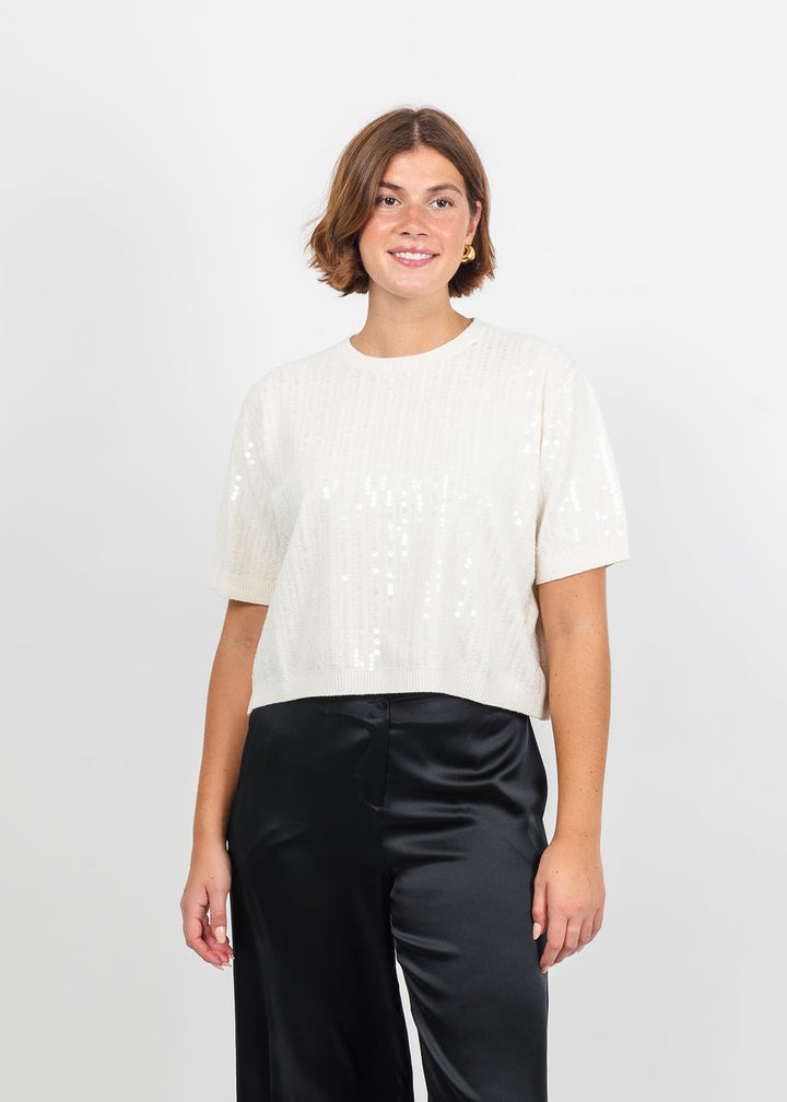 Marella Volto Sequin Boxy Tee in Cream available at Barbara Katz