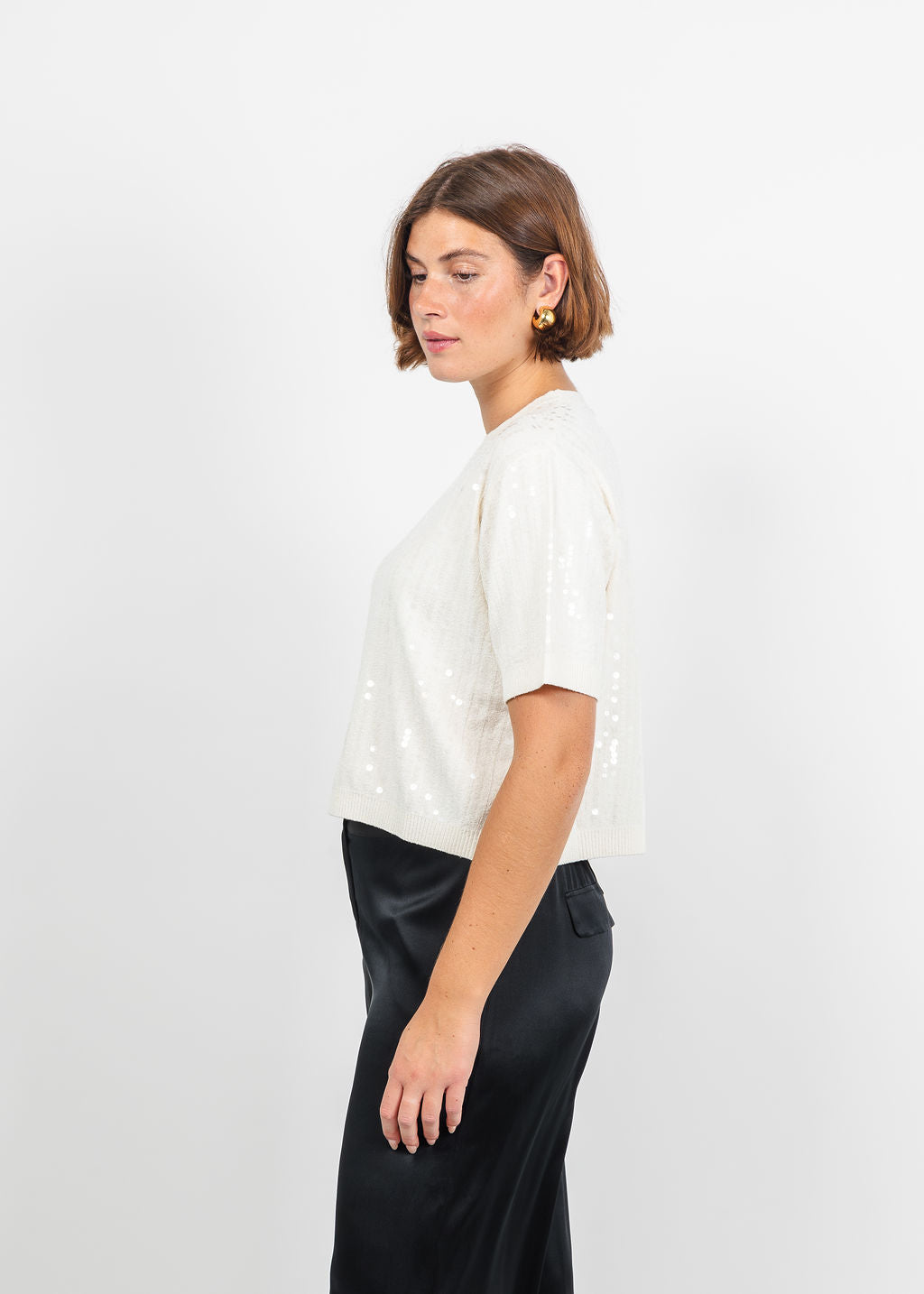 Marella Volto Sequin Boxy Tee in Cream available at Barbara Katz