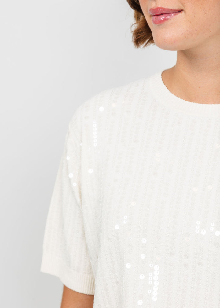 Marella Volto Sequin Boxy Tee in Cream available at Barbara Katz