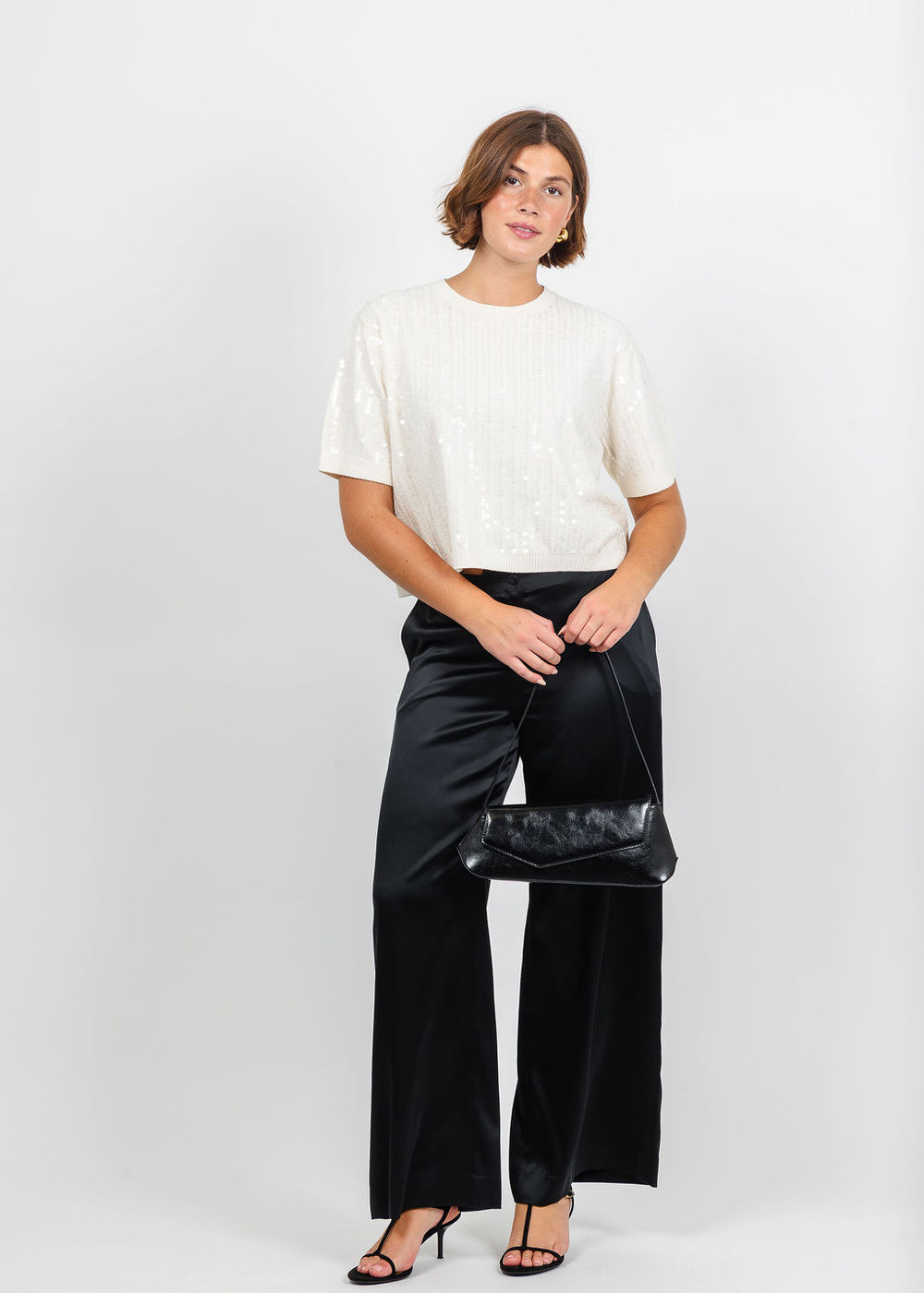 Marella Volto Sequin Boxy Tee in Cream paired with BK Go Piazza Pant in Black available at Barbara Katz