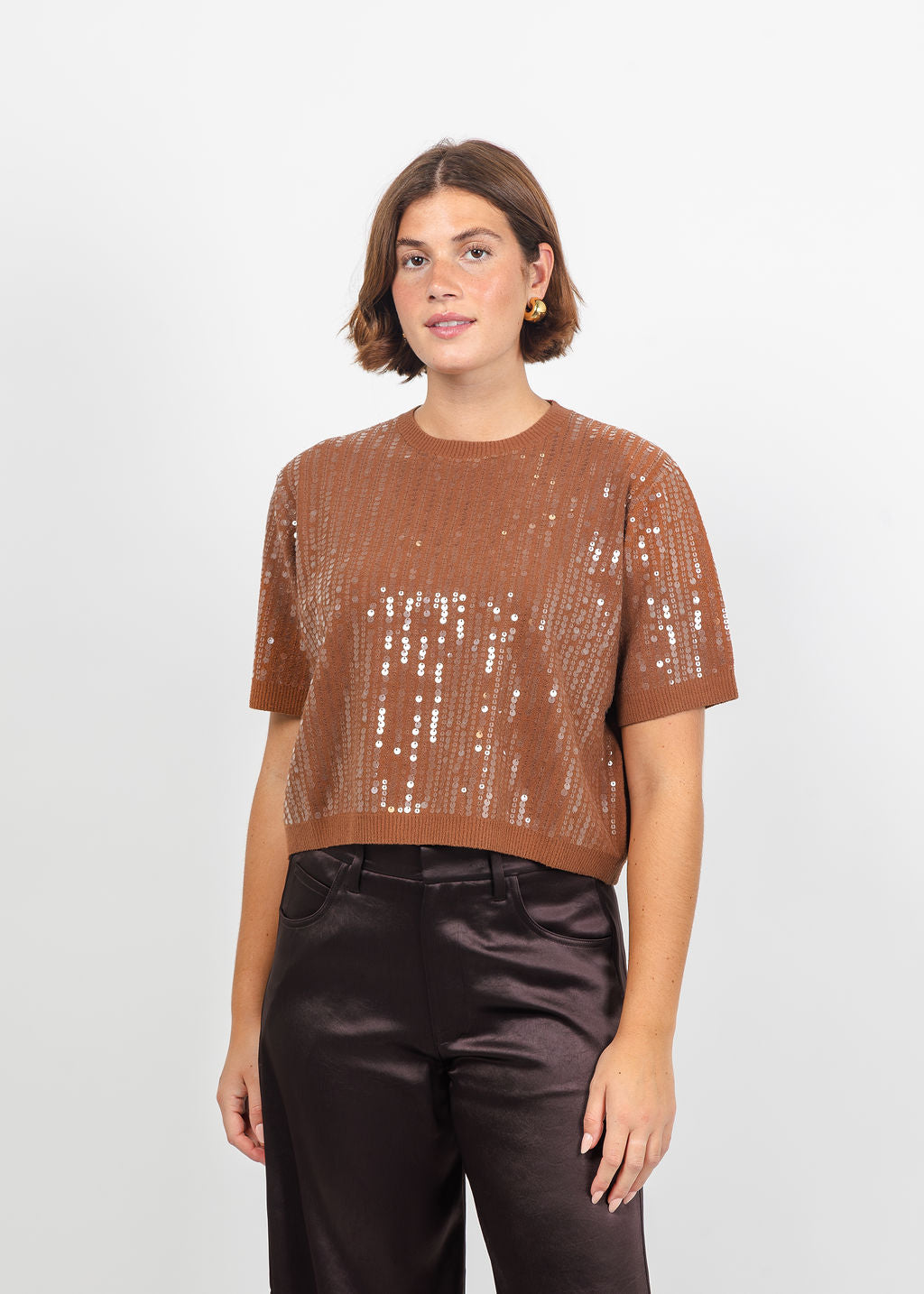 Marella Volto Sequin Boxy Tee in Tobacco Brown available at Barbara Katz