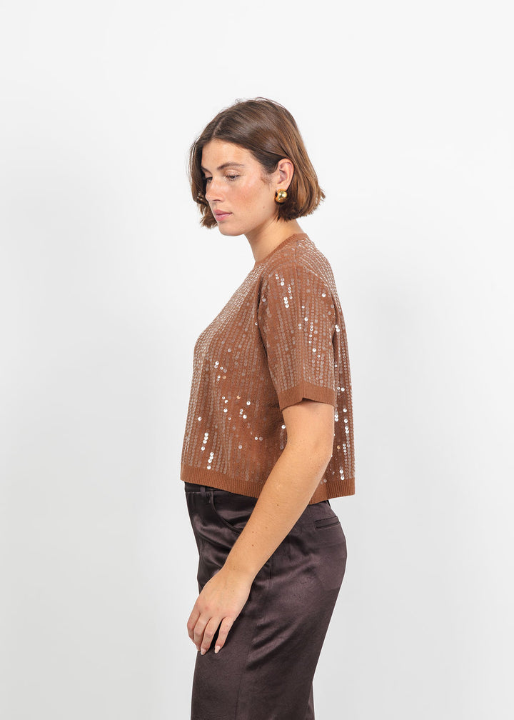 Marella Volto Sequin Boxy Tee in Tobacco Brown available at Barbara Katz