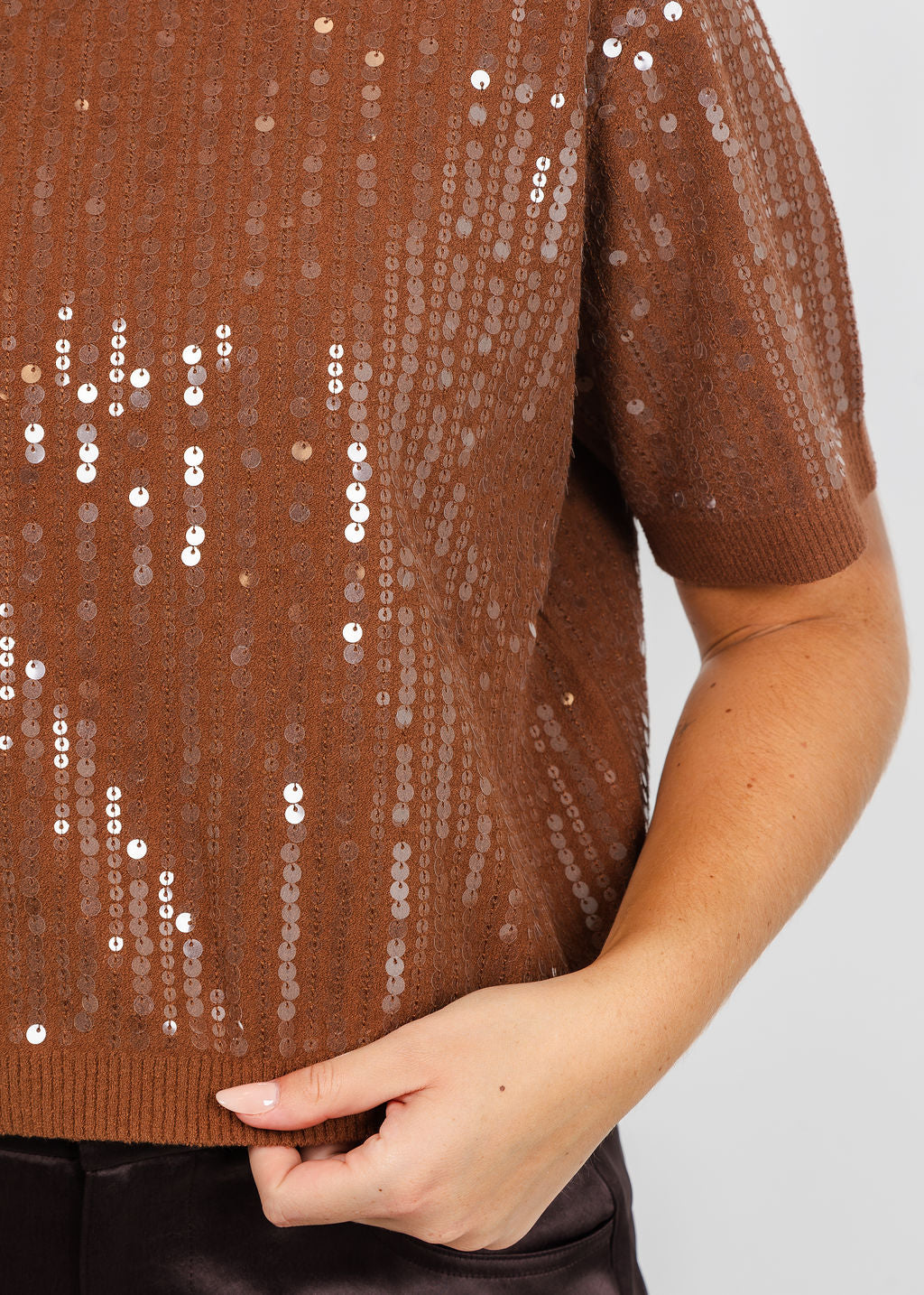 Marella Volto Sequin Boxy Tee in Tobacco Brown available at Barbara Katz