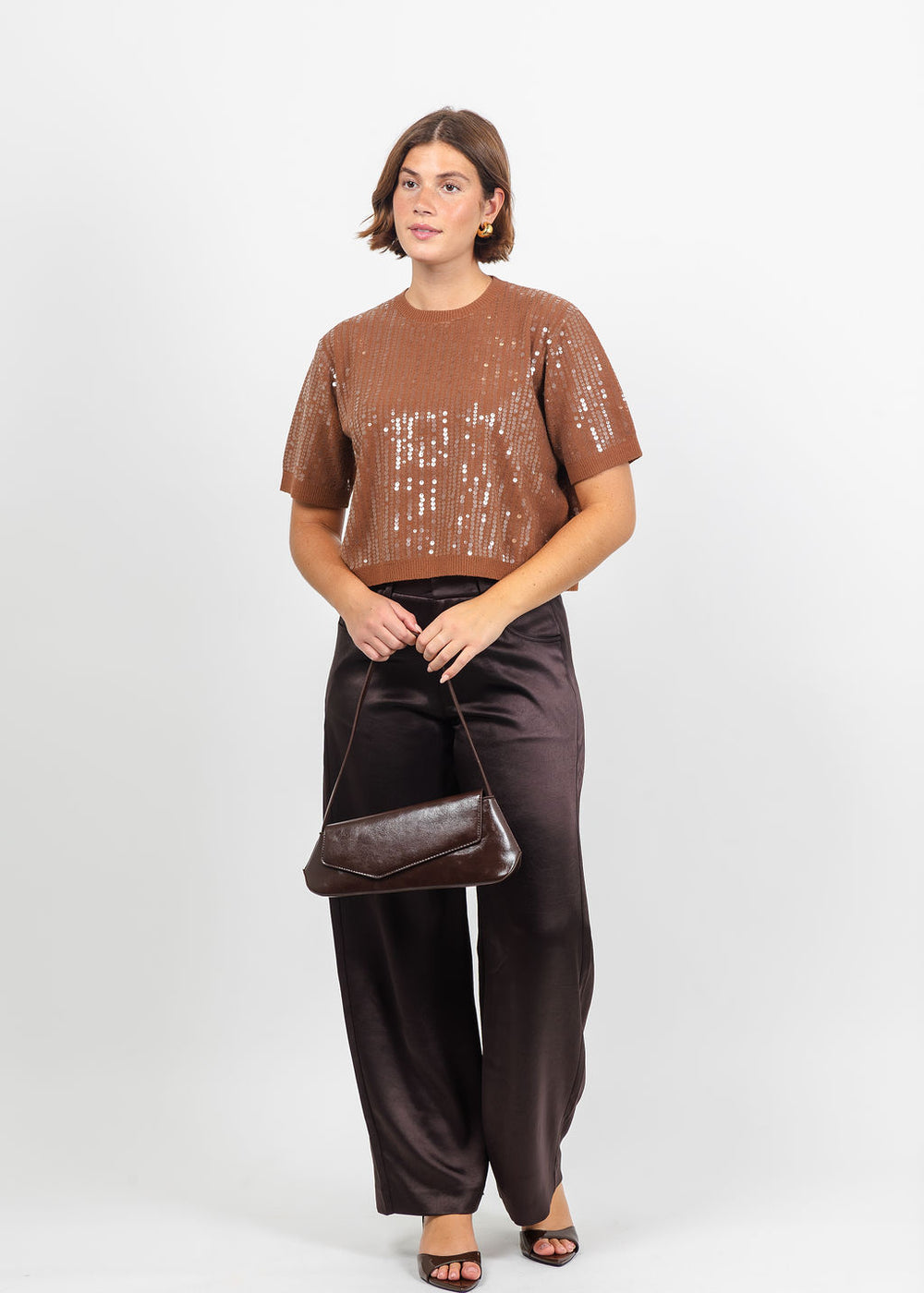 Marella Volto Sequin Boxy Tee in Tobacco Brown available at Barbara Katz