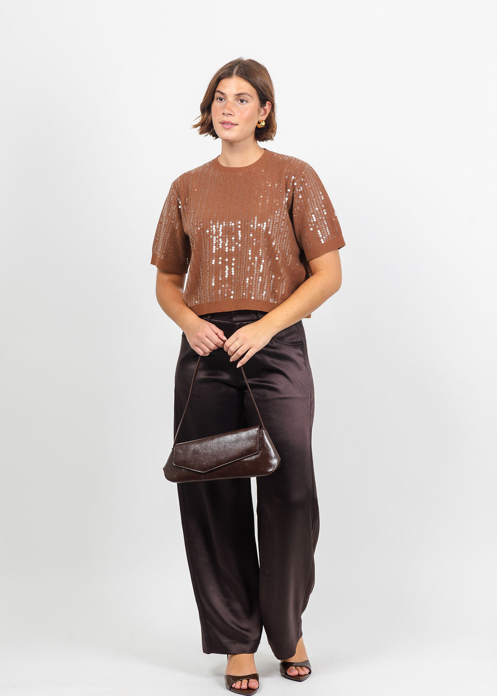 Marella Volto Sequin Boxy Tee in Tobacco Brown available at Barbara Katz