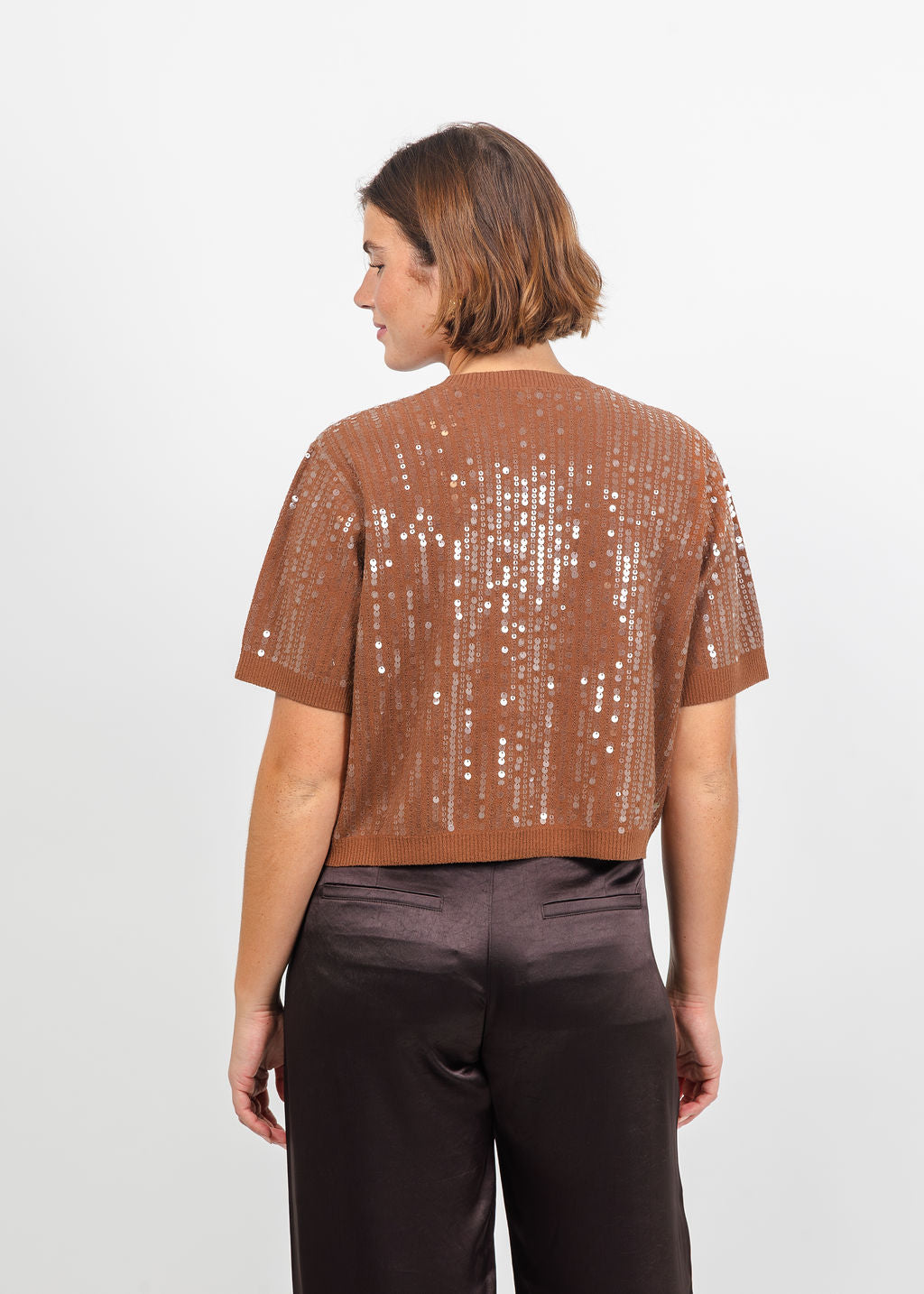 Marella Volto Sequin Boxy Tee in Tobacco Brown available at Barbara Katz