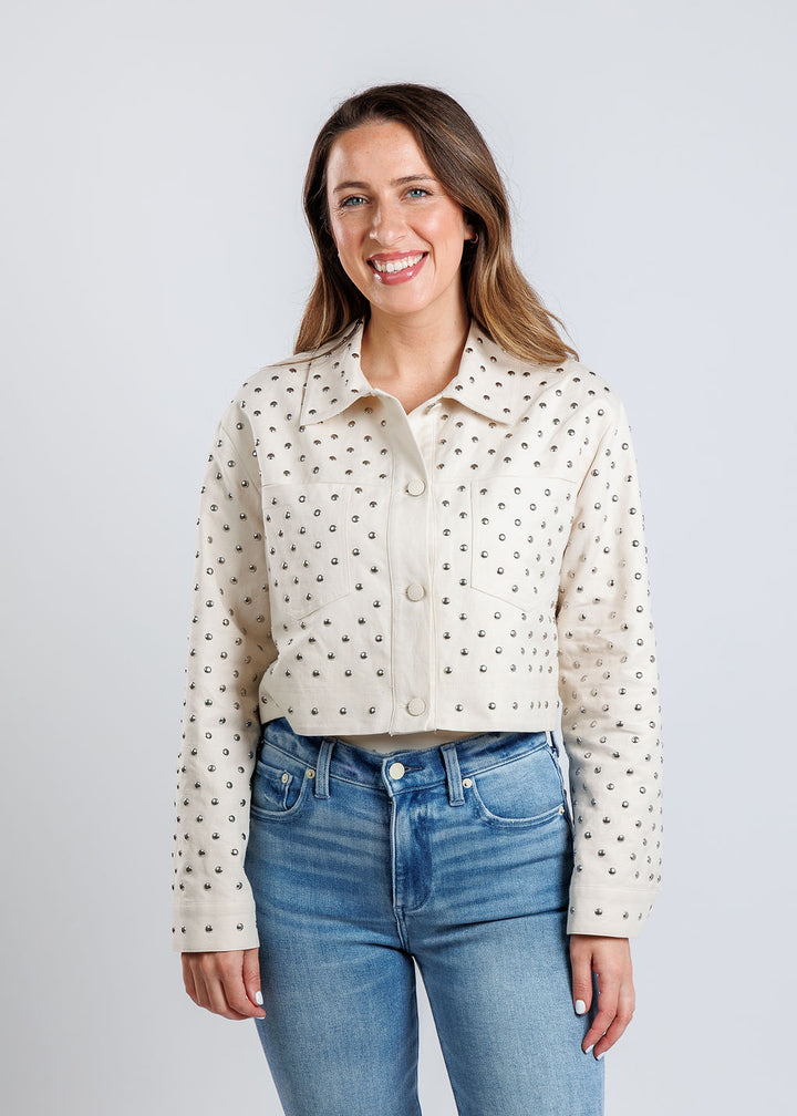 Marella Benito Studded Cropped Jacket in Optical White available at Babrara Katz