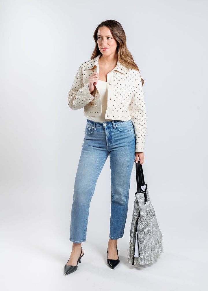 Marella Benito Studded Jacket in Optical White paired with Pistola Monroe Crop Jeans in Hill, Anita Bilardi Picasso Raffia Handbag in Silver available at Barbara Katz