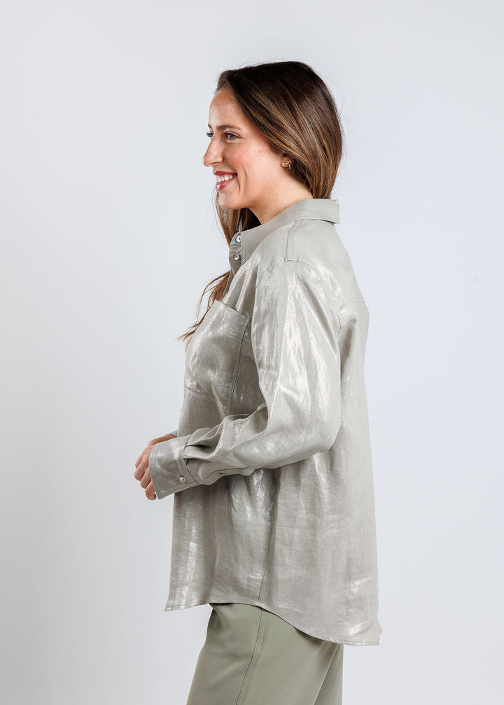 Marella Larix Laminated Linen Long Sleeve Shirt in Light Grey available at Barbara Katz