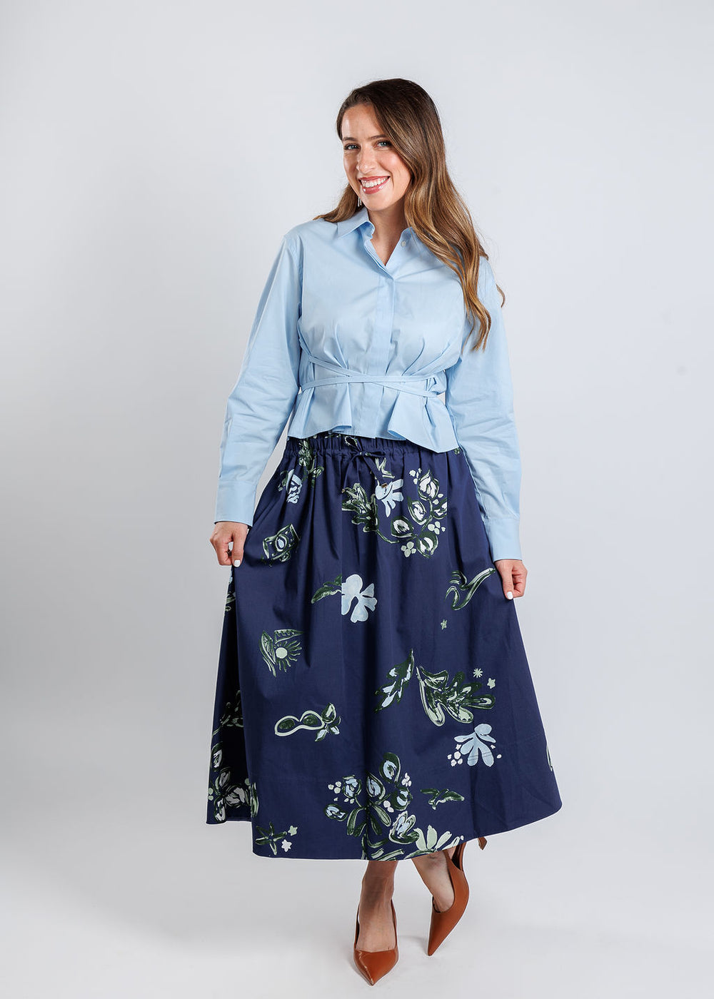 Marella Marsala Shirt in Light Blue paired with Marella Zambia Printed Skirt in Navy available at Barbara Katz