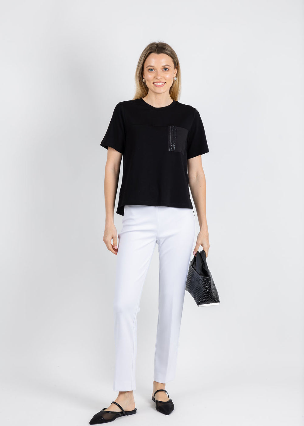 Margittes Beaded Pocket Tee in Black available at Barbara Katz