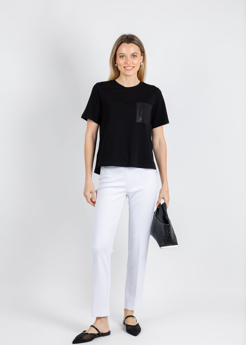 Margittes Beaded Pocket Tee in Black available at Barbara Katz