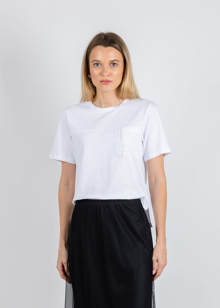 Margittes Beaded Pocket Tee in White available at Barbara Katz